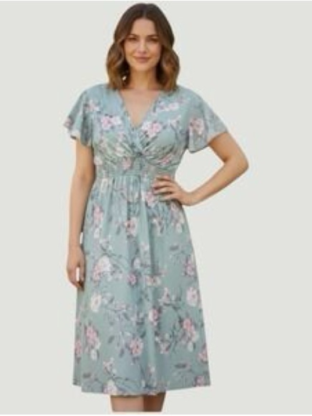 Anna Morgan Sz Medium Grey Blue Floral Cinch Waist Midi Dress w/ flowy sleeves